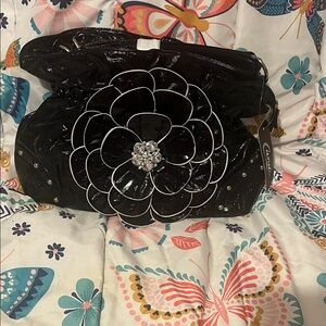 Candie Black Patent Leather Bag with Floral Accent and Wallet